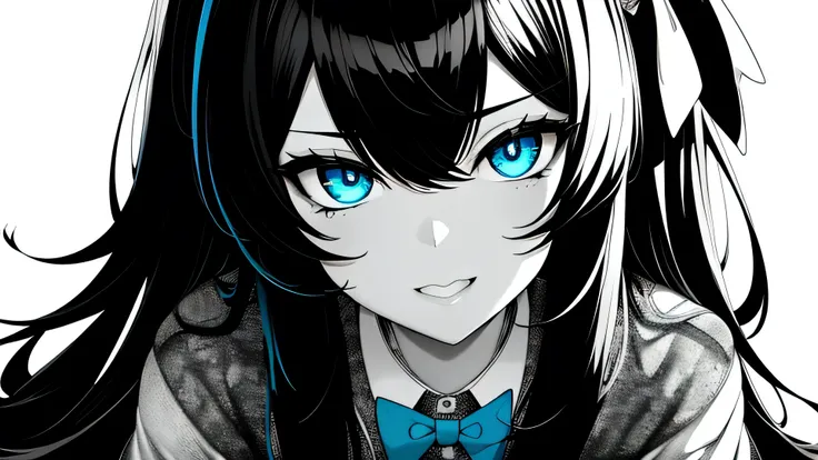 White Background, grayscale ,(Line art:1.2), bow tie, Black hair band, Black Skirt, woman, Collared shirt ,(blue eyes:1.2), sketch, Monochrome, Blue and Black ,squint、Stranger、See others、Ahegao , Stupid,Sexual Ecstasy,Drunk Eyes,Blunt bangs, Black Hair, ...