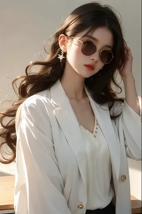 A girl with long black curly hair wearing a white suit，Sunglasses pinned to his head，Confident and beautiful, slightly raised chin，Standing at the desk