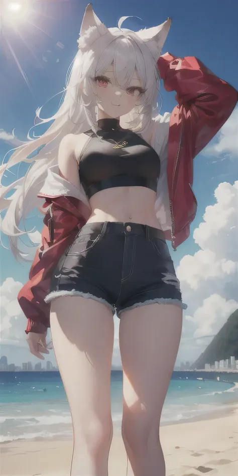 ((masterpiece)), ((best of quality)), girl, ((beauty of body)), dark skin tone, ((Detail of eyes)), very long straight hair, ((white hair)), ((Highlights of the effect on hair)), ((Hair grows into eyes)), Black cropped sweatshirt, short ripped shorts, whit...