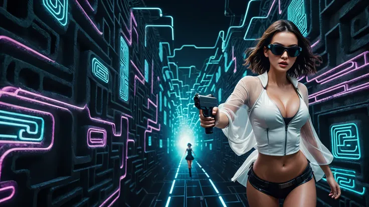 Aerial view, (flying vehicle), sci-fi outdoor maze as background. Matrix style, at night, dark sky. (1girl, solo), photo realistic, large-breast:1.2 slim:0.9 body, cleavage:1.2, tube top, miniskirt, (matrix style black sunglasses), (holding a mini:1.1 stun...