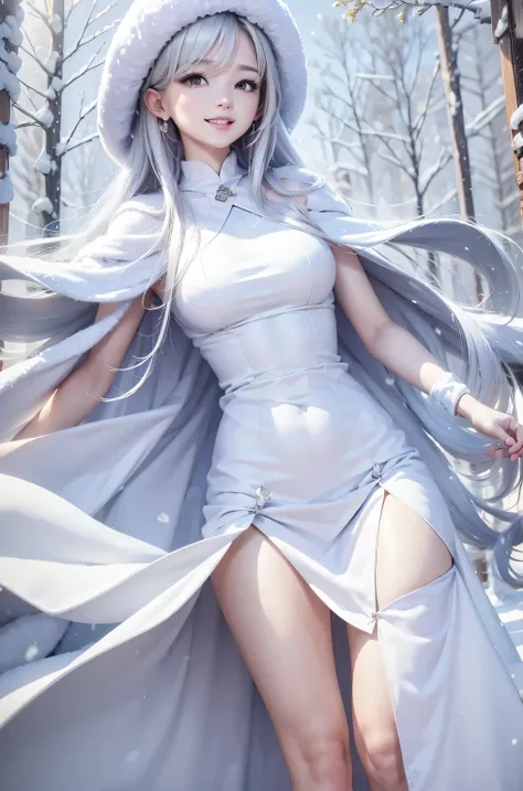 masterpiece、Highest quality、1 girl, winter, white hair, Cute girl, smile, close mouse, medium breasts, sideboob, white dress, winter clothes, Fur coat、Small waist、Thin legs、outdoors, snow falling
