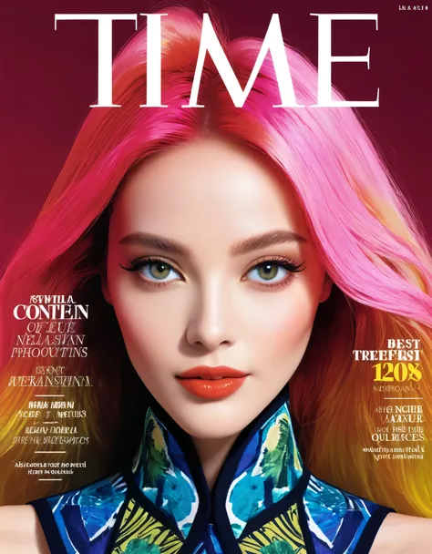 magazine cover, esthetic, time magazine, (a girl with) vibrant colorful hair, eye-catching pose, stylish clothes, confident smil...