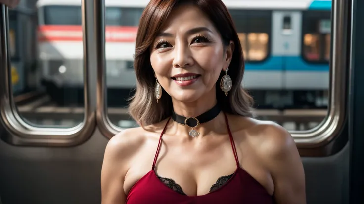 75 years old　Mom　MILF　Korean, Lady　large earring　Big choker　navel piercing decoration　A bracelet　Silver Hair　realisitic　Gorgeous Madame Beautiful Mature Woman　sexy　Smile　Gentle woman navel piercing　４K　High quality サマードレス