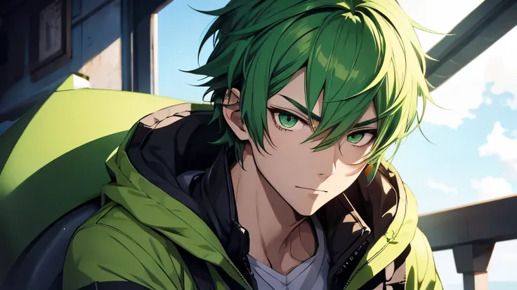 Anime male with short green hair and green eyes does not smile.