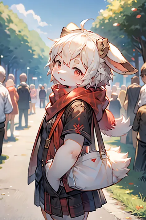 Dwarf bunny girl，Bunny ears，Furry girls，Baby characteristics，Red pupil，Red skin，Red Arm，White hair，scarf，Short skirt，Park Background