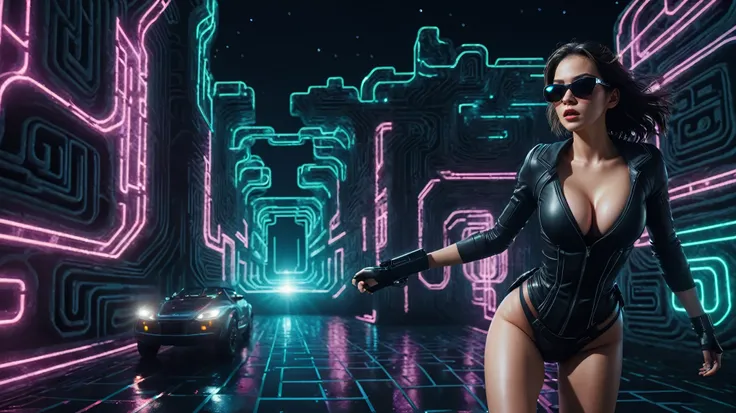 Aerial view, (flying vehicle), sci-fi outdoor maze as background. Matrix style, at night, dark sky. (1girl, solo), photo realistic, large-breast:1.2 slim:0.9 body, cleavage:1.2, tube top, miniskirt, (matrix style black sunglasses), (holding a mini:1.1 stun...