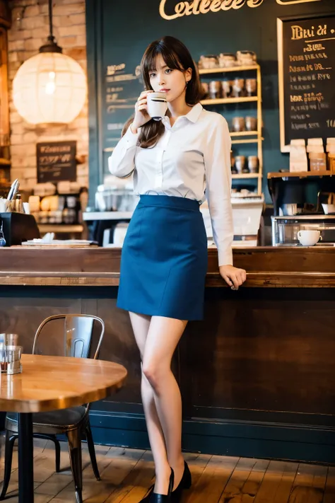 A beautiful girl is having a coffee in a vintage coffeeshop, professional light, wearing office dress, white shirt, blue skirt, A high resolution, perfect anatomy, one girl only, single girl, 1girl, solo, (advanced facial details), A high resolution, beaut...