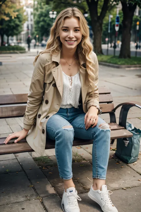 Highest quality, High resolution, 8k wallpaper, Beautiful Caucasian Woman、, Sitting on a park bench、 、trench coat、, Skinny jeans, White sneakers 、 Blonde 、Wavy Hair、 、ear piercing、smile、Beautiful teeth alignment
