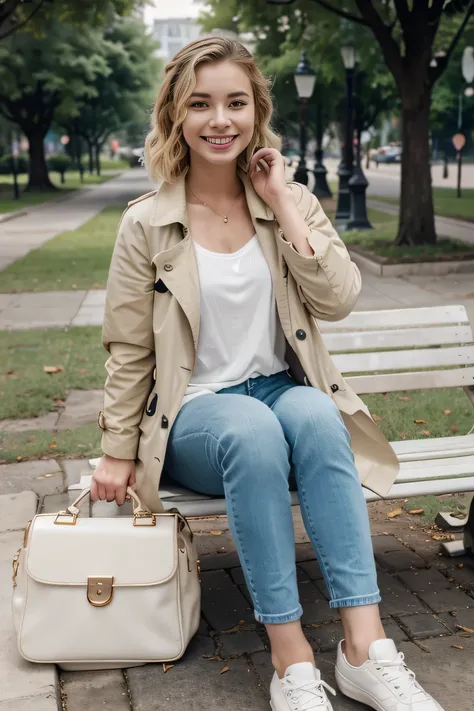 high quality, High resolution, 8k wallpaper, Beautiful Caucasian Woman、, Sitting on a park bench、 trench coat、, Skinny jeans, White sneakers 、 Blonde 、Wavy Hair、Short Haircut、 、ear piercing、smile、Beautiful teeth alignment