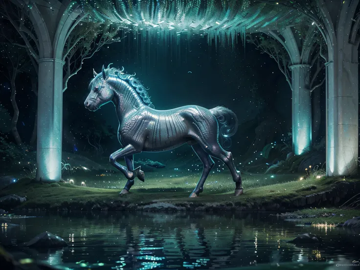 A shimmering, ethereal kelpie with metallic, bioluminescent scales and shimmering seaweed hair twines gracefully through the still waters of a mystical lake. This depiction is a stunning digital painting, capturing the mythical creature in all its enchanti...