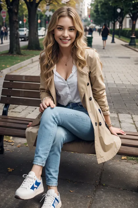 high quality, High resolution, 8k wallpaper, Beautiful Caucasian Woman、, Sitting on a park bench、 trench coat、, Skinny jeans, sneakers、、 Blonde 、Wavy Hair、、 、ear piercing、smile、Beautiful teeth alignment
