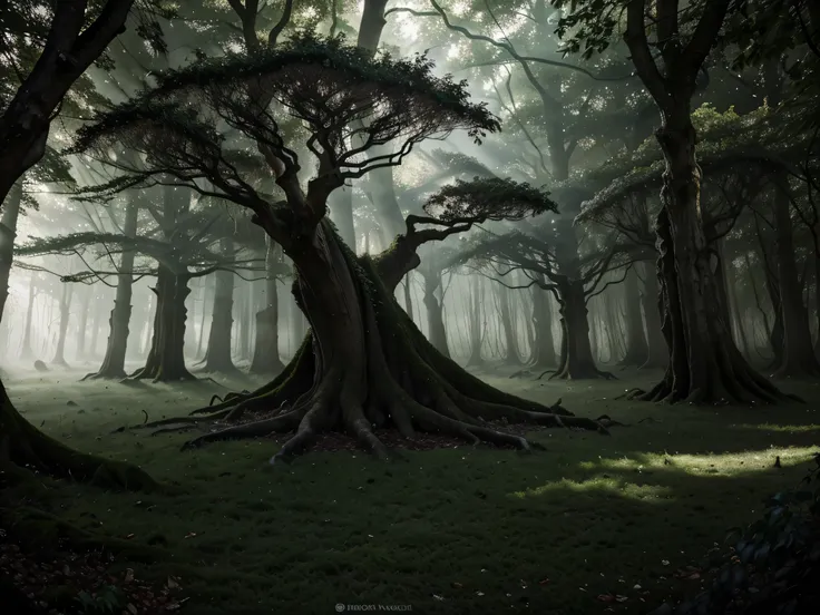 In the heart of a stygian regal forest, an ancient oak tree stands tall and twisted, its gnarled branches reaching out like skeletal fingers grasping at unseen specters. The tree, with its dark, moss-covered bark and jagged, twisted limbs, is the focal poi...