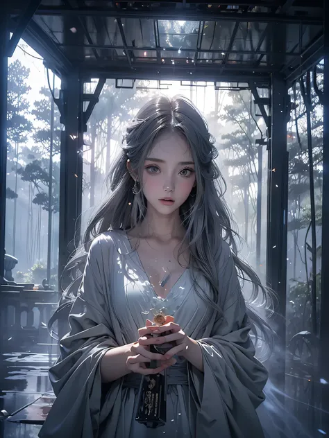 Beautiful girl in a transparent gray robe standing in a dark forest, Magnificent style, Octane Rendering, Desert Composition, Beautiful Face, Detailed face, Surreal, Oil on canvas, Awards, artwork, Art Station Trends, Studio Ghibli, Close-up of a girl
