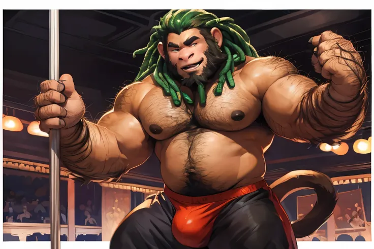 SemiMuscular, male middle aged, belly, (anthro monkey:1.3), thin beard, dark brown skin,((hairy torso, hairy arms,):1.5), hairy belly, pole dancing on a stage:1.2, dynamic light, shirtless, dreadlocks, brown and green hair and beard, harem pants, bulge, ex...