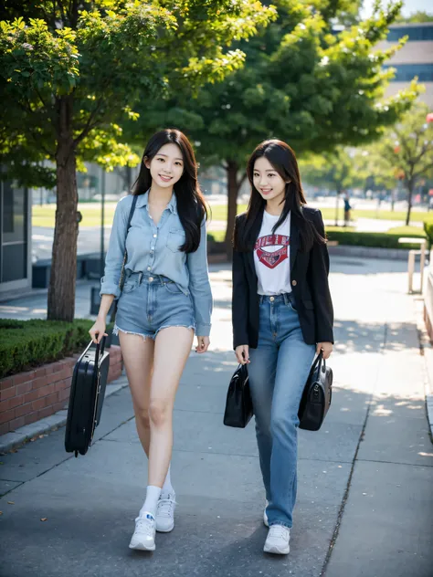 2 Korean female college students，Long hair beauty，With luggage，Walk around campus，Smiling and joking，High-quality photos，Full body photo of the person