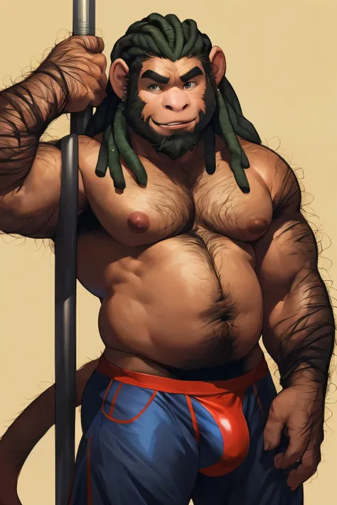 SemiMuscular, male middle aged, belly, (anthro monkey:1.3), thin beard, dark brown skin,((hairy torso, hairy arms,):1.5), hairy belly, pole dancing:1.2, dynamic light, shirtless, dreadlocks, brown and green hair and beard, harem pants, bulge, extremely hot...