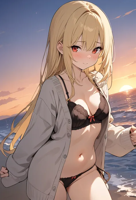 ((masterpiece)), (Highest quality), (Simple style),blonde hair straight hair red eyes ocean standing sunset cute bra cardigan string panties