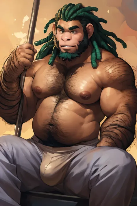 SemiMuscular, male middle aged, belly, (anthro monkey:1.3), thin beard, dark brown skin,((hairy torso, hairy arms,):1.5), hairy belly, pole dancing:1.2, dynamic light, shirtless, dreadlocks, brown and green hair and beard, harem pants, bulge, extremely hot...