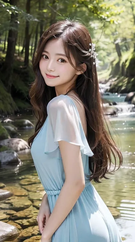  Highest quality、Very detailed,、finely、High resolution、Beautiful Ideas Long Hair、Hair blowing in the wind、Brunette Hair、Standing in a stream、19-year-old beauty、Photographed from the knees up、Cute Smile、Face Light、Sheer pastel blue camisole、eight-headed bod...