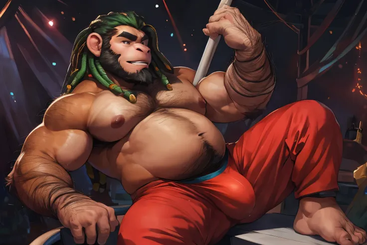 SemiMuscular, male middle aged, belly, (anthro monkey:1.3), thin beard, dark brown skin,((hairy torso, hairy arms,):1.5), hairy belly, pole dancing on a stage:1.2, dynamic light, shirtless, dreadlocks, brown and green hair and beard, harem pants, bulge, ex...