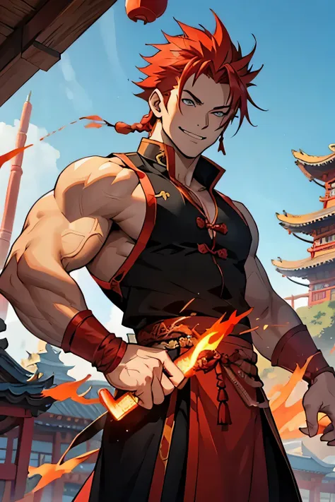 man, spiky red hair, white skin, sleeveless red and black martial costume, Chinese temple 
in the background, fire manipulation, firepower, smile, strong, avatar style, anime, blue sky, young