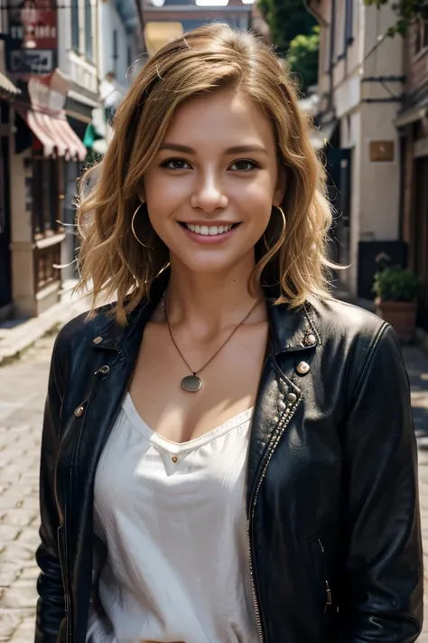 High resolution, 8k wallpaper, Beautiful Caucasian Woman、, leather jacket、shirt、、Necklace around the neck、 Blonde 、Short Haircut、Wavy Hair、、 、ear piercing、smile、Beautiful teeth alignment、The background is the town