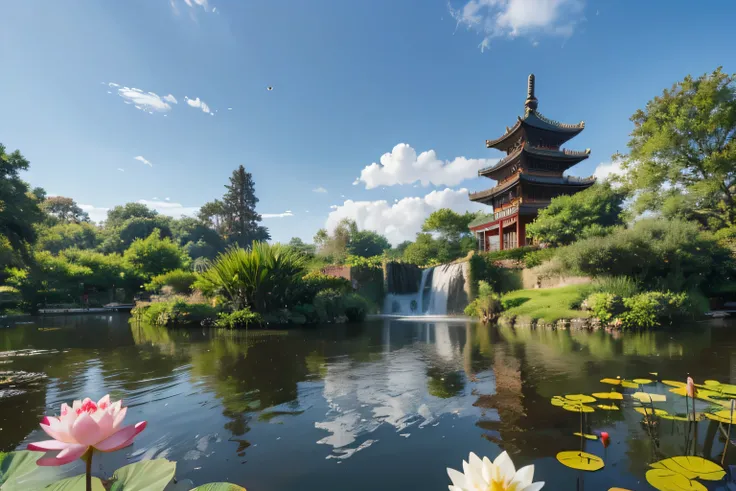 There is a waterfall in the middle of the pond，There is a pagoda in the background of the pond, Ancient Chinese Tower, Chinese scenery, old Chinese building, Waterfall in the background, Slow door, slow flowing water，Ups and downs，Waterfall in the backgrou...