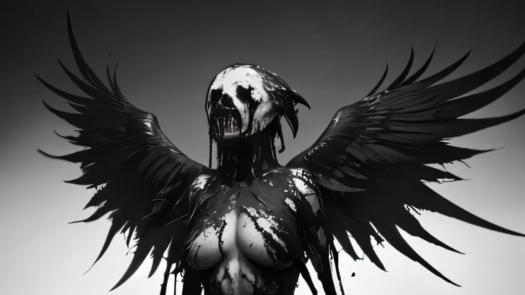 bs, solo, simple background, monochrome, upper body, greyscale, bodysuit, black background, 1other, monster, arms at sides, horror (theme) there is a large-breasted woman in the picture with her arms torn off and her face bleeding, ravens flying in the bac...