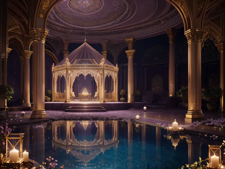 In a dreamy mauve-tinted ai simulation, an opulent palace emerges, adorned with intricate golden filigree and cascading velvet drapes. This photograph captures a surreal, otherworldly scene, where holographic butterflies flutter around a crystal-clear pool...