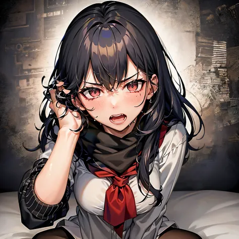 "(best quality,4k,highres:1.2),vivid colors,ultra-detailed,comic style,portrait,front view,angry,sad,desperate expression,blood stains on face and body,teary eyes,blood splatter on the wall,circular spotlight on the wall,gray fluffy hair down to waist,crou...