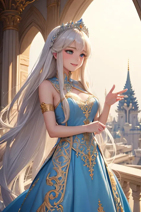 A beautiful white princess with long blonde hair, wearing a flowing blue gown with intricate silver embroidery, stands on a grand palace balcony. She smiles warmly and waves to the cheering crowd below. The sunlight shines brightly, reflecting off her gold...