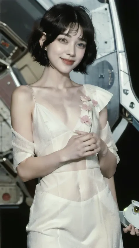 268 (20-year-old princess,Are standing),  ((short hair:1.46)), (chest:1.46), Old-fashioned smile, (flower), (Spaceship:1.46) 