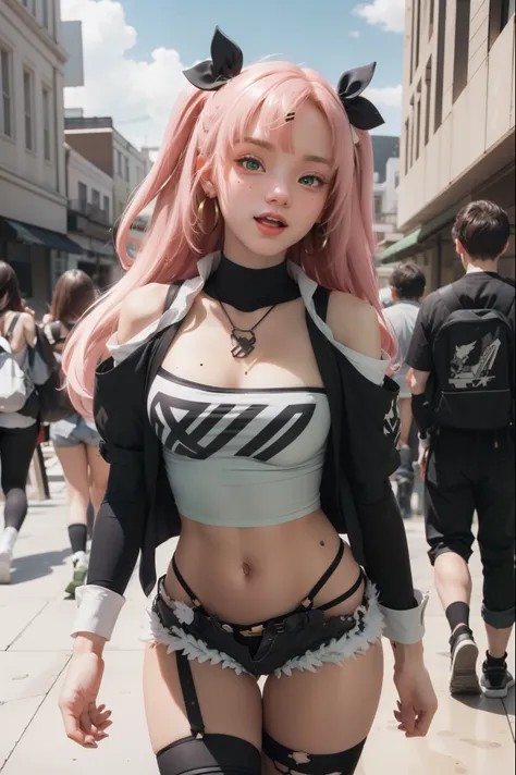 nicoledemara, nicole demara, (green eyes:1.5), pink hair, hair ornament, hair ribbon, hairclip, long hair, mole, mole on breast, mole on thigh, mole under eye, two side up, ribbon, smirk, smile, open mouth,
BREAK black footwear, black ribbon, black shorts,...