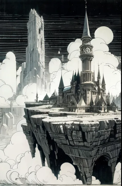 (((steam punk))), (((monochrome))), (((simple))), a drawing of a citadel on a wilderness mountain, inspired by jean moebius gira...