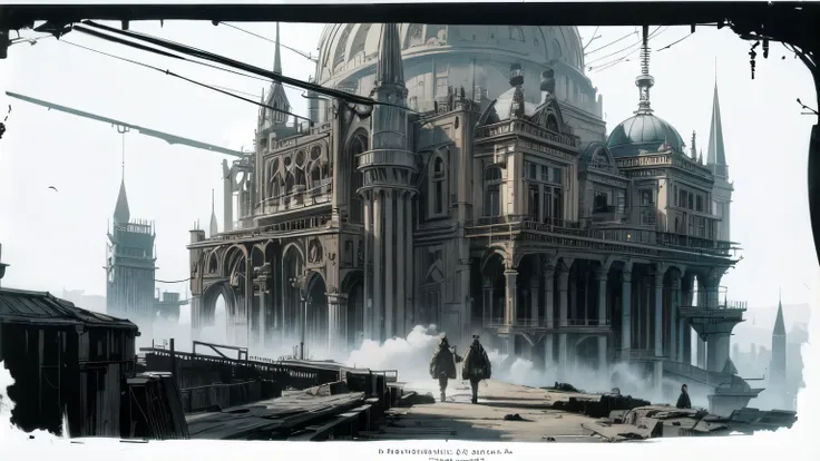 (((steam punk))), (((monochrome))), (((simple))), a drawing of a exotic rotten ruins future building like asteampunk on a wilder...