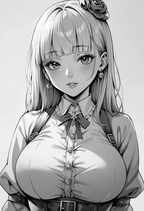 score_9, score_8_up, score_7_up, 1girl, sp1t, abundant detailed hatching shading, monochrome, big breasts, facing viewer, cozy outfit, white background, earring, neutral expression, straight hair, blunt bangs
