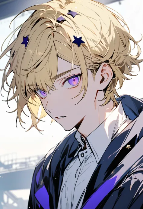 solo, handsome, 1 male, short hair with slide bangs, blonde hair, violet eyes, white shirt, dark blue coat, stars on the head.