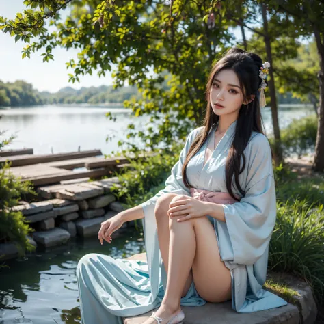 8K, masterpiece, best quality, 2D, (Traditional Chinese ink painting:0.2), (Perfect hands:1.4), stocking,Wearing Hanfu,The stocking on the legs are exposed,River in the background,koyama,Small animals