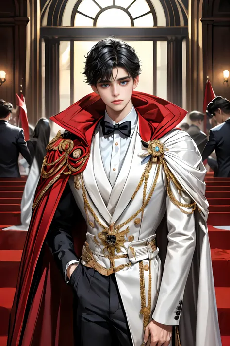 masterpiece, 最high quality, high quality, 1 boy, alone, Male focus, Watching the audience, Messy black hair, Adorable big blue eyes, White, Noble, Noble,A sexy, voluminous, puffy cape、tuxedo、A very voluminous, large, very large, very large, long, long re...