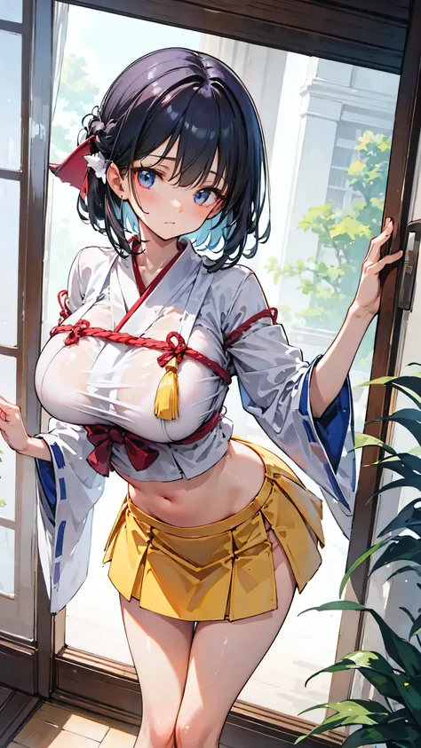 Ultra-high resolution, 8k,high quality,((((Shrine maiden outfit,Oblique angle、Ultra Mini Skirt、Cunning Hand)))),(Young Girl、glowing、iridescent light,soft shadow,Anime Painting,thin line drawing),One Little Woman,(((Huge breasts,Shapely round breasts))),