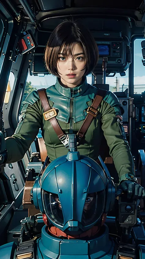 ruriko midorikawa、mundo cockpit、zeon pilot、pilot suit、upper body、cockpit of a giant robot、grip the control stick。