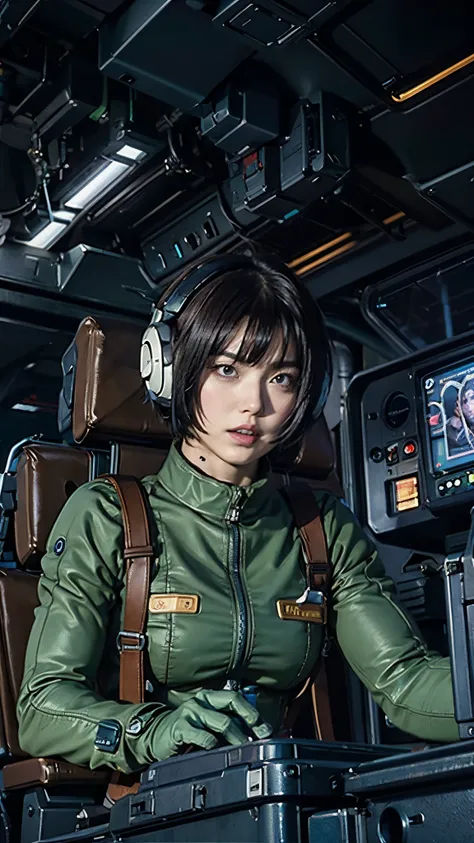 ruriko midorikawa、mundo cockpit、zeon pilot、one beautiful woman、solo、upper body、cockpit of a giant robot、grip the control stick。