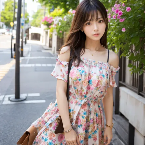 One adult woman。Looking straight at the camera。Wearing fashionable summer clothes、Posing like a fashion model。