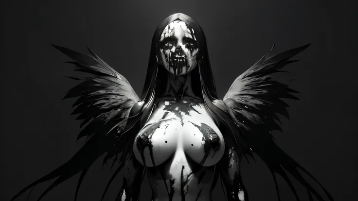 bs, solo, simple background, monochrome, upper body, greyscale, bodysuit, black background, 1other, monster, arms at sides, horror (theme) there is a large-breasted woman in the picture with her arms torn off and her face bleeding, ravens flying in the bac...