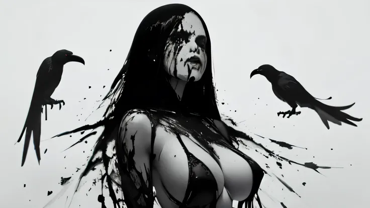 bs, solo, simple background, monochrome, upper body, greyscale, bodysuit, black background, 1other, monster, arms at sides, horror (theme) there is a large-breasted woman in the picture with her arms torn off and her face bleeding, ravens flying in the bac...