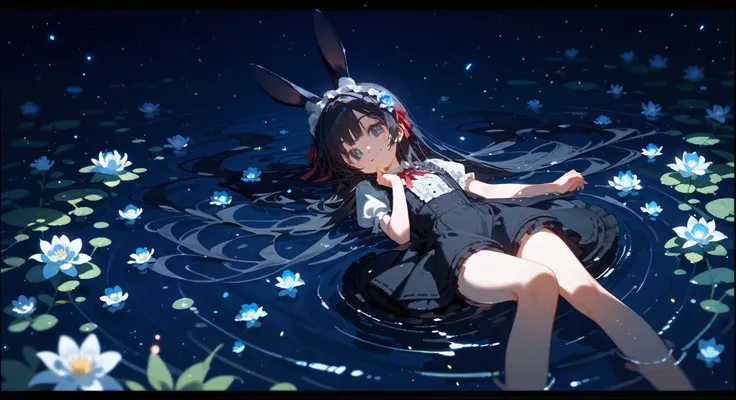 1 young girl，The surface of the water is sparkling，Water Flower，Smile，night，moonlight，Beautiful light and shadow，Light Particles,Black long hair，Lolita，Short skirt，Bunny ears，Smile，Lying in the water