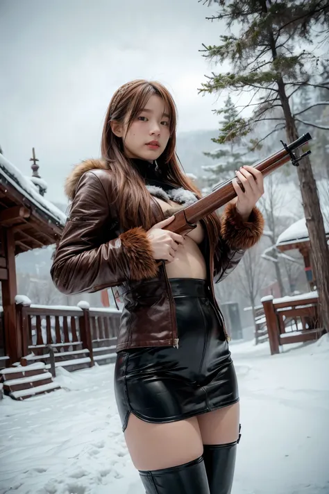 a huntress girl with long red hair holding a rifle in a snow fighting pose,detailed leather and fur coats,east asian inspired in...