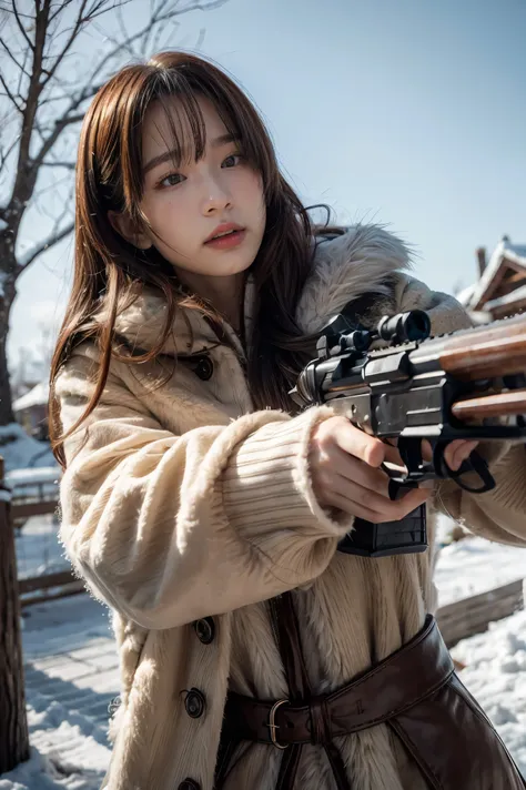 a huntress girl with long red hair holding a rifle in a snow fighting pose,detailed leather and fur coats,east asian inspired in...