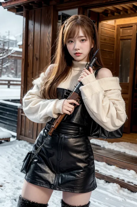 a huntress girl with long red hair holding a rifle in a snow fighting pose,detailed leather and fur coats,east asian inspired ink style,cold snowy environment,3D, 4K, detailed, practical, artwork