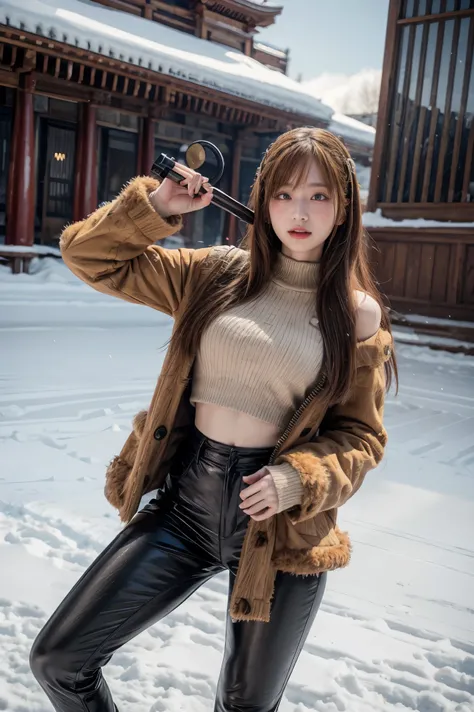 a huntress girl with long red hair holding a rifle in a snow fighting pose,detailed leather and fur coats,east asian inspired in...